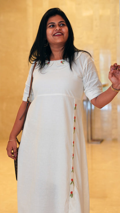 Encanto Off White Cotton Linen Embroidered Dress
