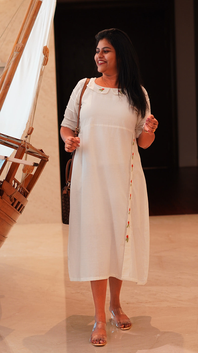 Encanto Off White Cotton Linen Embroidered Dress