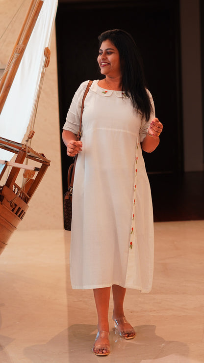 Encanto Off White Cotton Linen Embroidered Dress