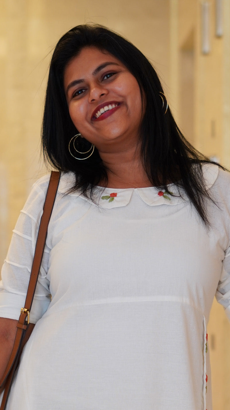 Encanto Off White Cotton Linen Embroidered Dress