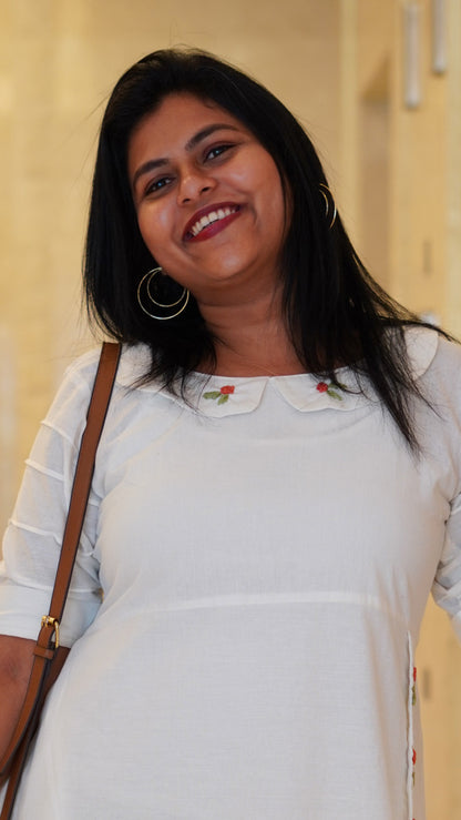 Encanto Off White Cotton Linen Embroidered Dress