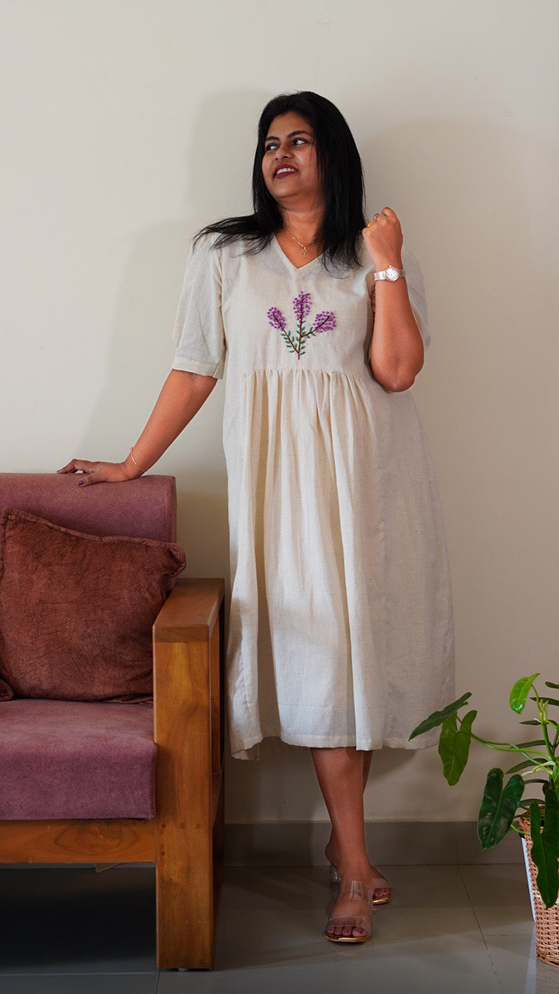 Ethereal Cotton Dress with Lavender French Knots Embroidery