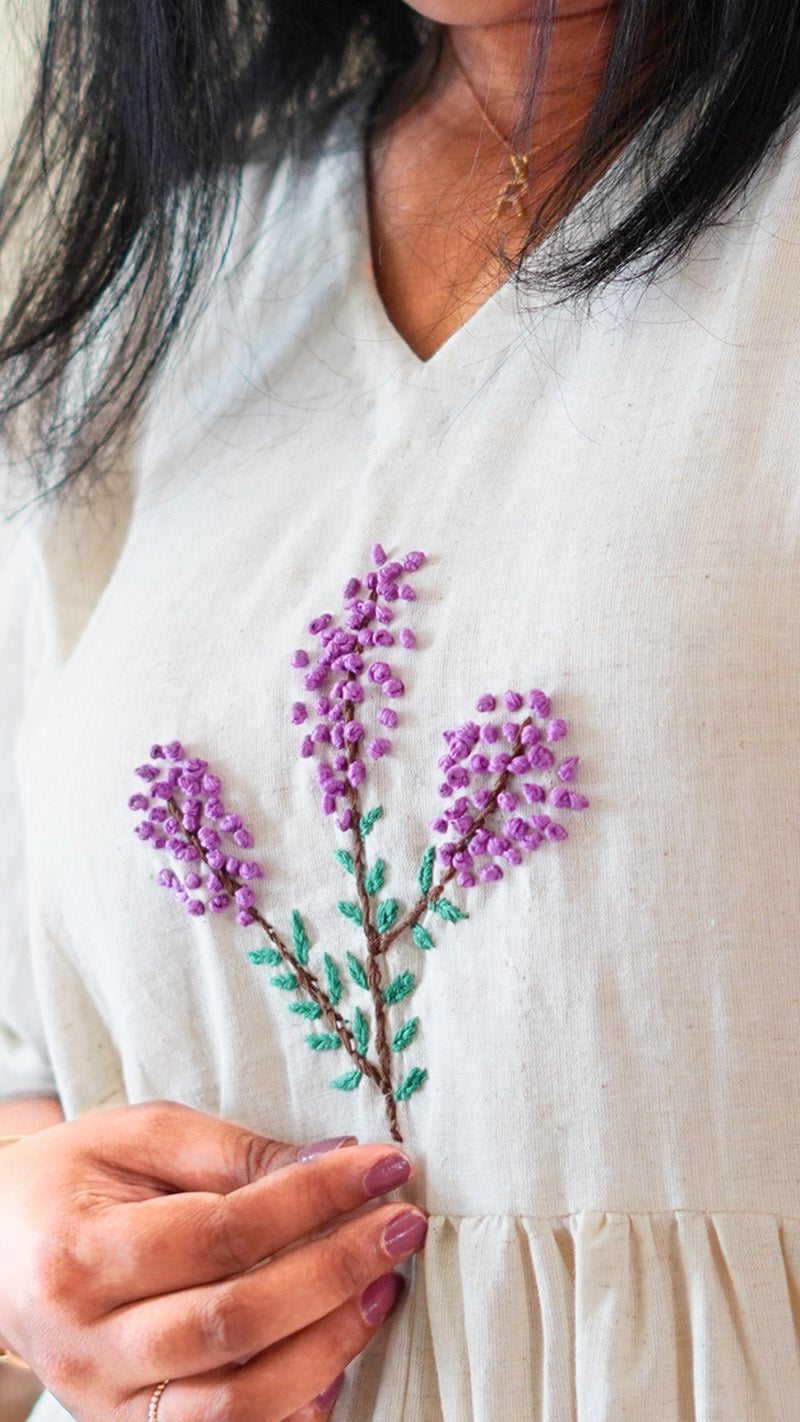 Ethereal Cotton Dress with Lavender French Knots Embroidery