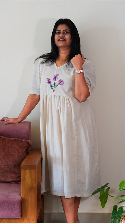 Ethereal Cotton Dress with Lavender French Knots Embroidery
