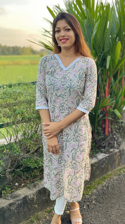 Ash Grey Kurti with floral prints and lace detailing image 1