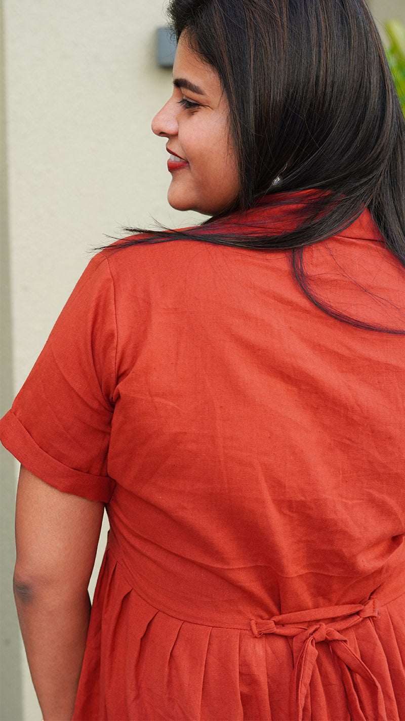 Fiery Orange Cotton Dress with Tie