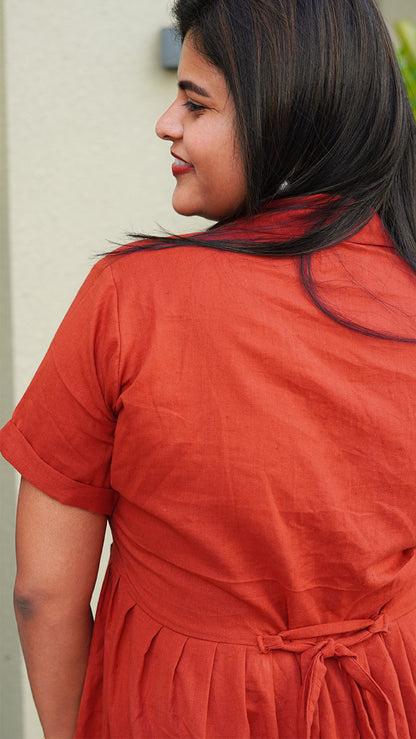 Fiery Orange Cotton Dress with Tie