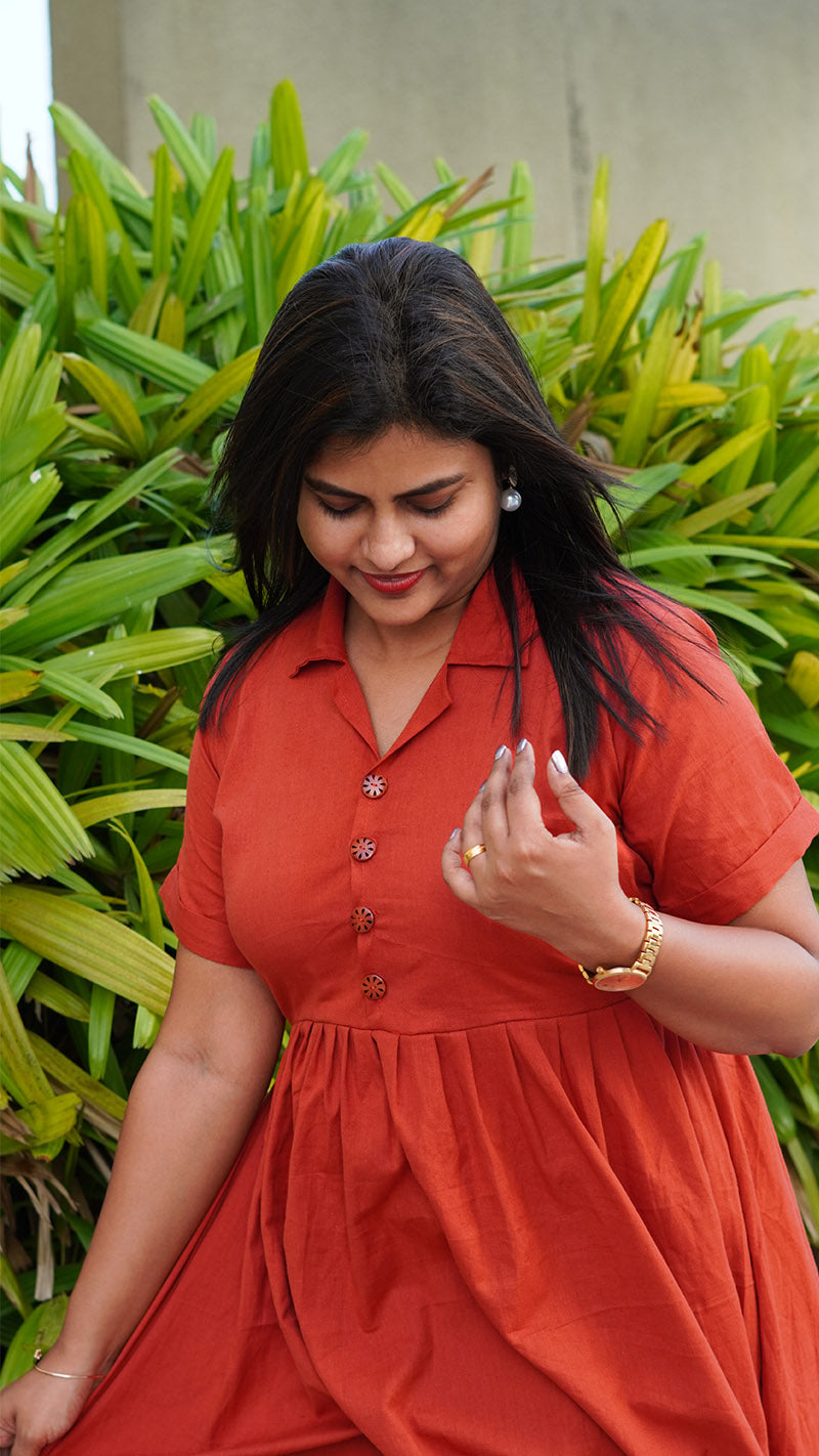 Fiery Orange Cotton Dress with Tie