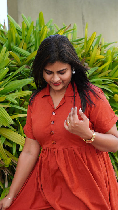 Fiery Orange Cotton Dress with Tie