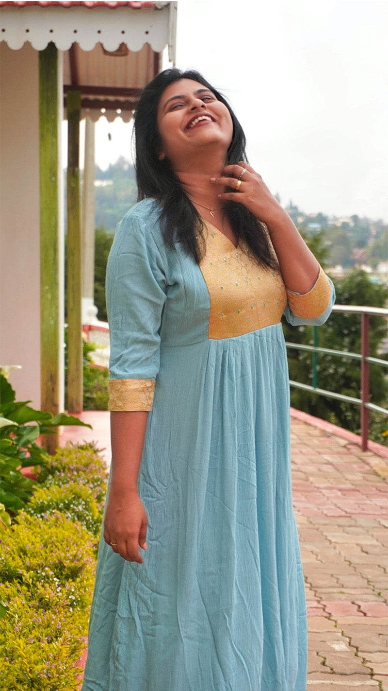 Frost Blue Hand Embroidered Kurti with Golden Yoke