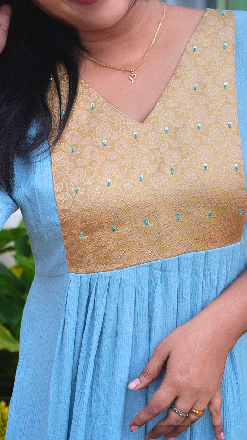 Frost Blue Hand Embroidered Kurti with Golden Yoke