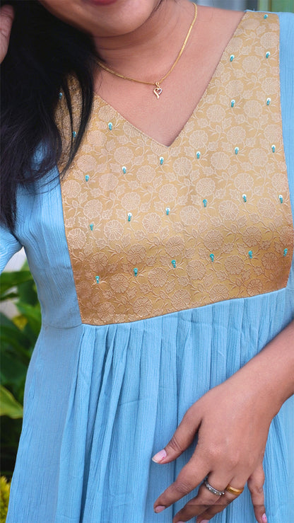 Frost Blue Hand Embroidered Kurti with Golden Yoke