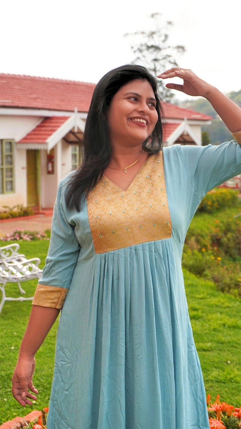 Frost Blue Hand Embroidered Kurti with Golden Yoke