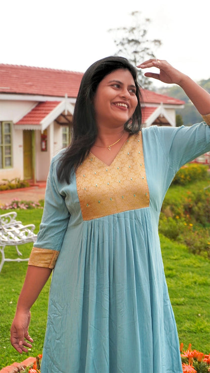 Frost Blue Hand Embroidered Kurti with Golden Yoke