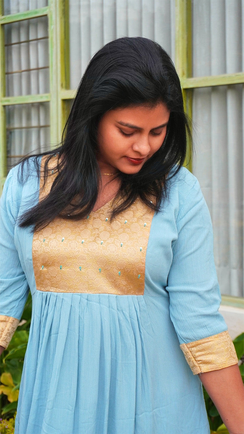 Frost Blue Hand Embroidered Kurti with Golden Yoke