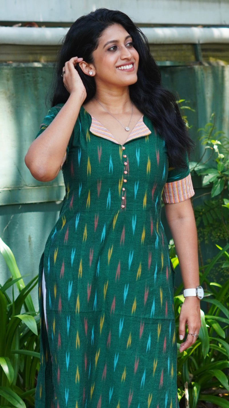 Green Ikat Print Kurti with Stripe Patches