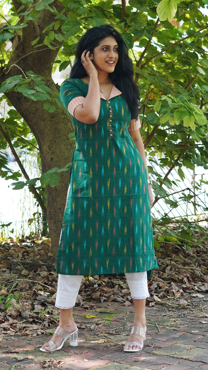 Green Ikat Print Kurti with Stripe Patches