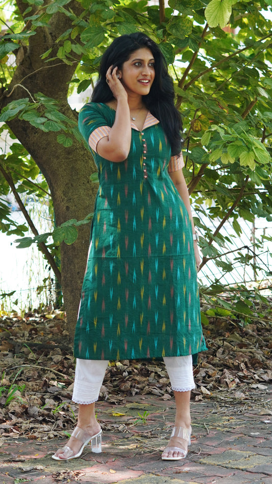 Green Ikat Print Kurti with Stripe Patches