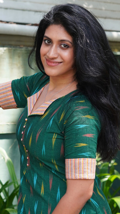 Green Ikat Print Kurti with Stripe Patches