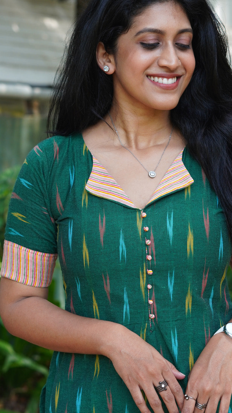 Green Ikat Print Kurti with Stripe Patches