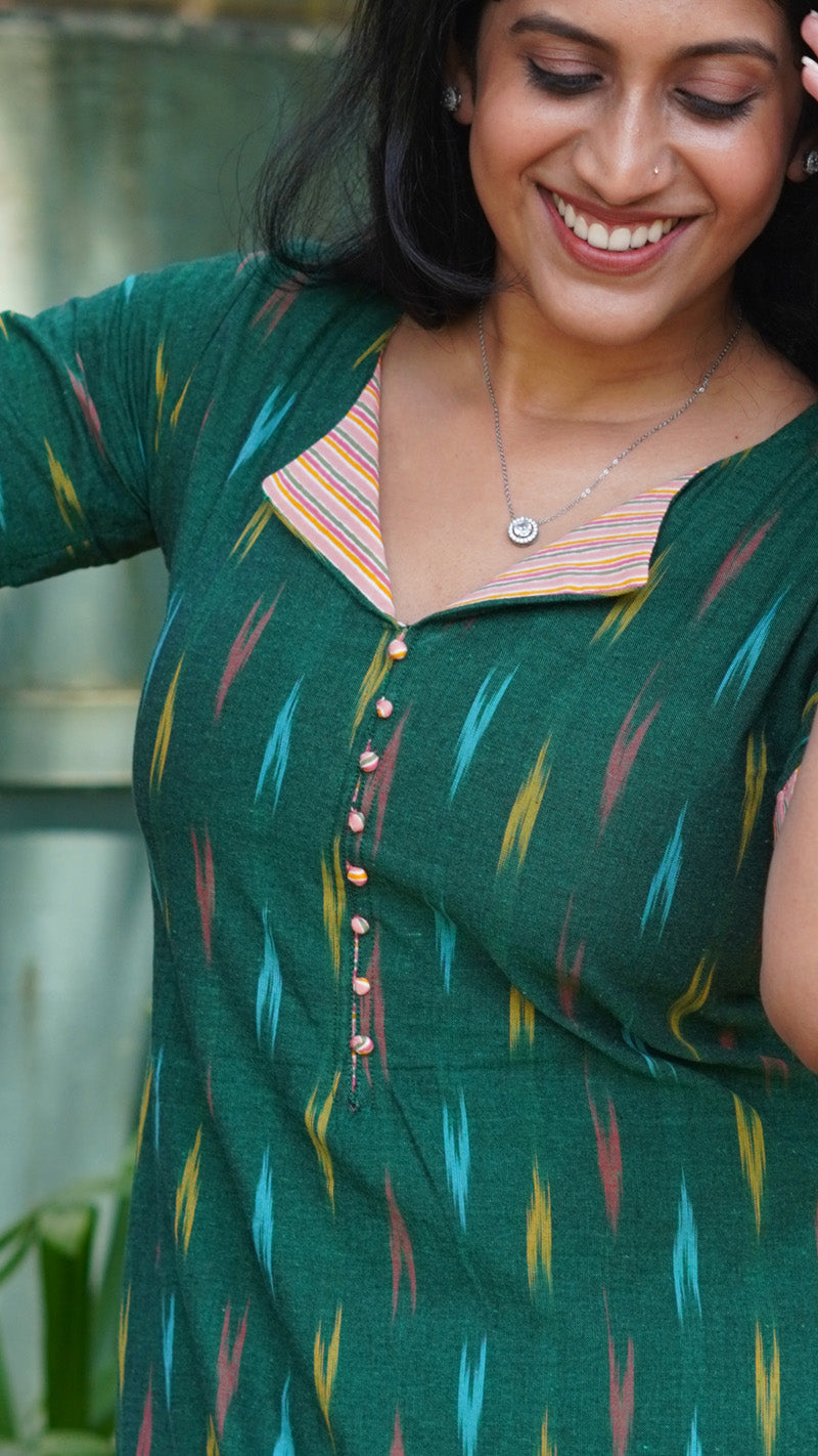 Green Ikat Print Kurti with Stripe Patches