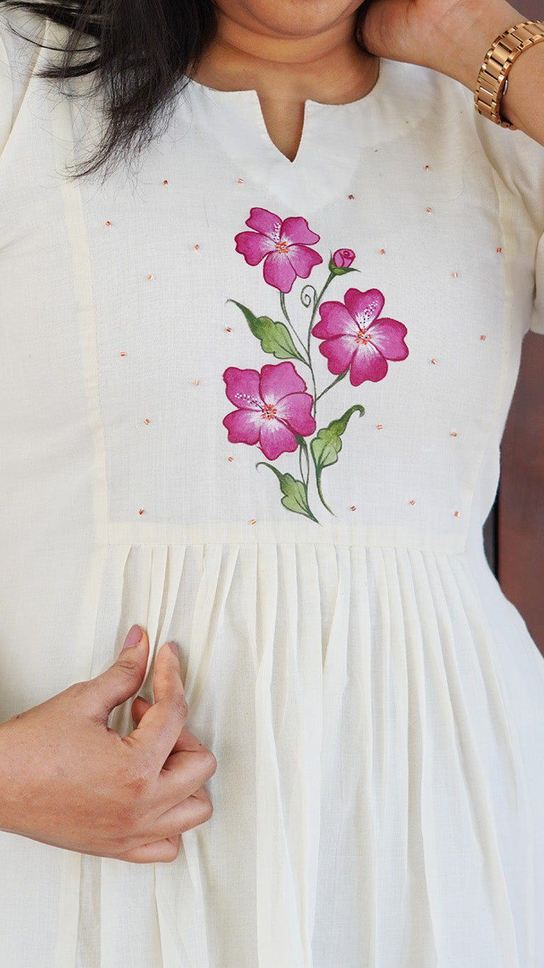 Hand-Painted Off-White Cotton Kurti with Floral Design & Beadwork