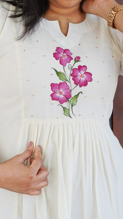 Hand-Painted Off-White Cotton Kurti with Floral Design & Beadwork