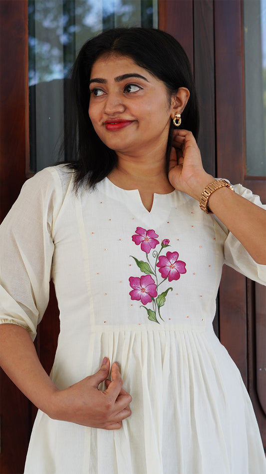 Hand-Painted Off-White Cotton Kurti with Floral Design & Beadwork