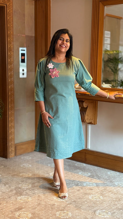 Icy Blue Dress with Floral Appliqué Embroidery