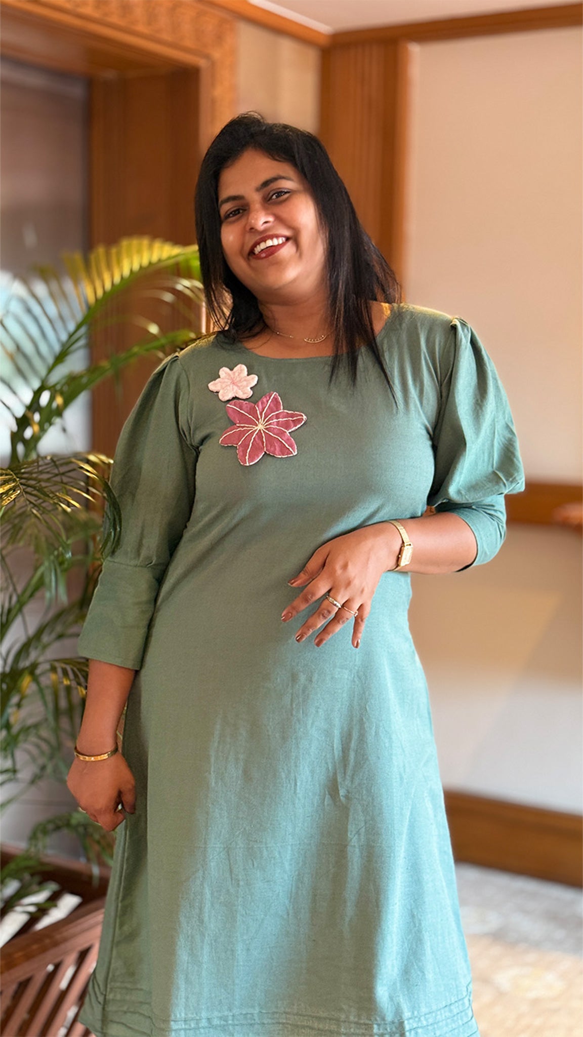 Icy Blue Dress with Floral Appliqué Embroidery