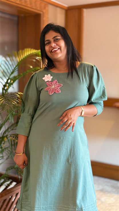 Icy Blue Dress with Floral Appliqué Embroidery