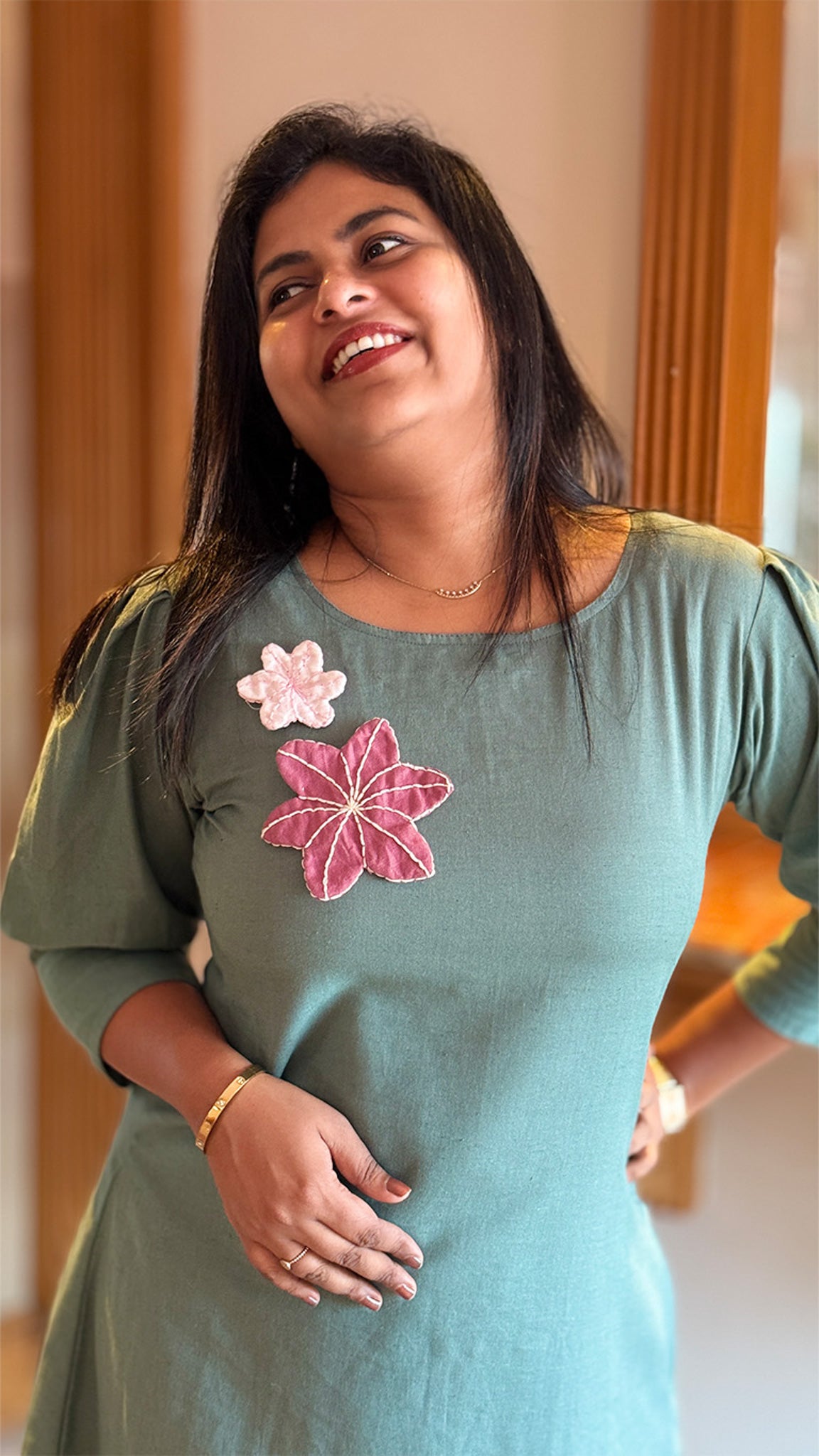 Icy Blue Dress with Floral Appliqué Embroidery