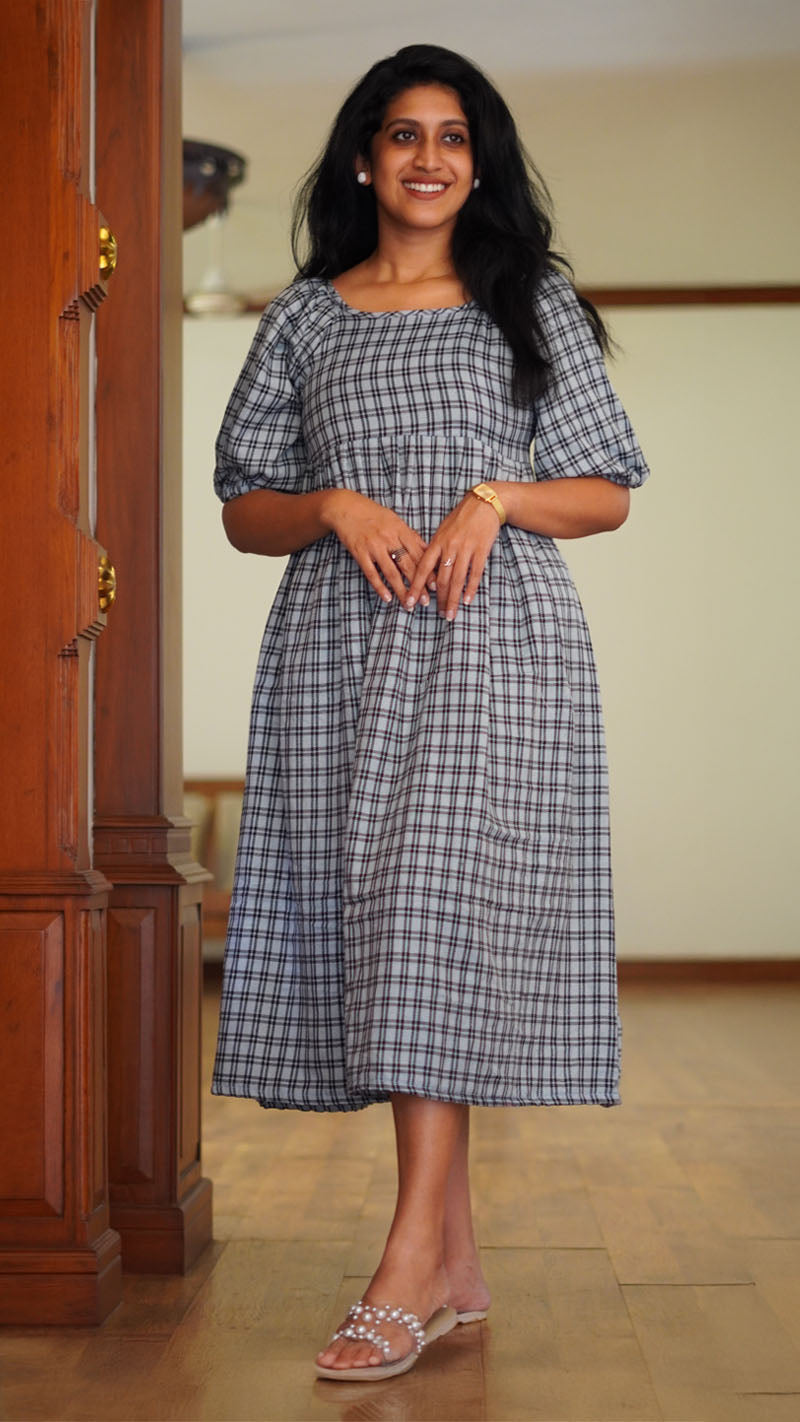 Lavender Grey and Black checkered cotton frock or dress
