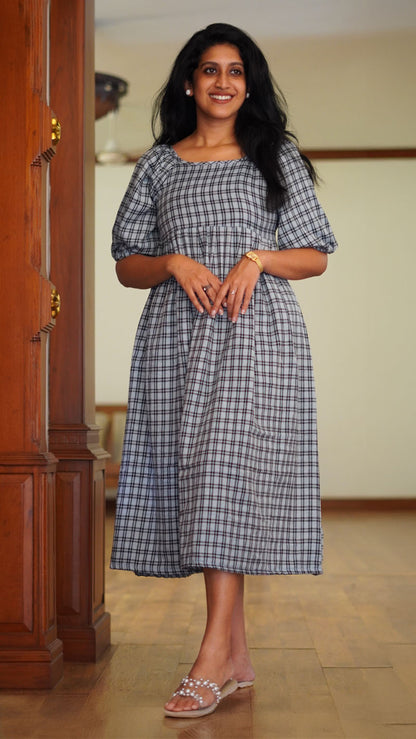 Lavender Grey and Black checkered cotton frock or dress