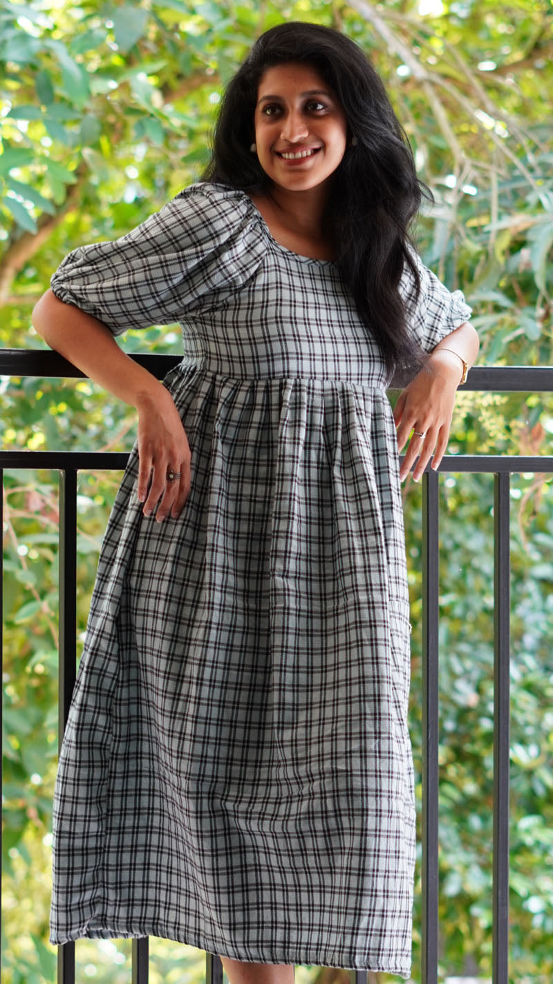 Lavender Grey and Black checkered cotton frock or dress