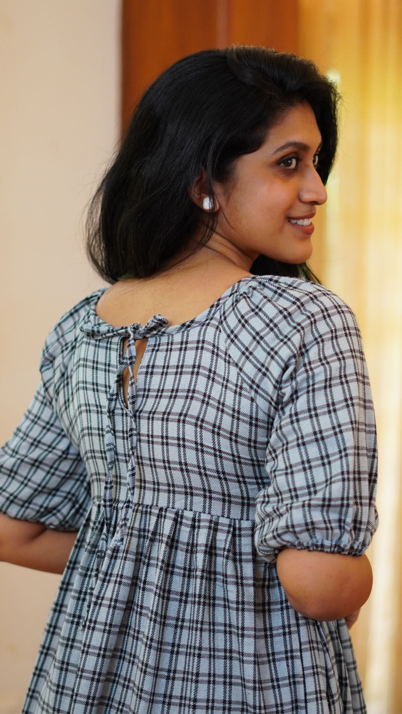 Lavender Grey and Black checkered cotton frock or dress
