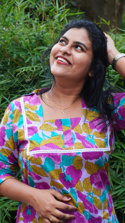 Lavender Purple Cotton Kurti with Leaf Patterns