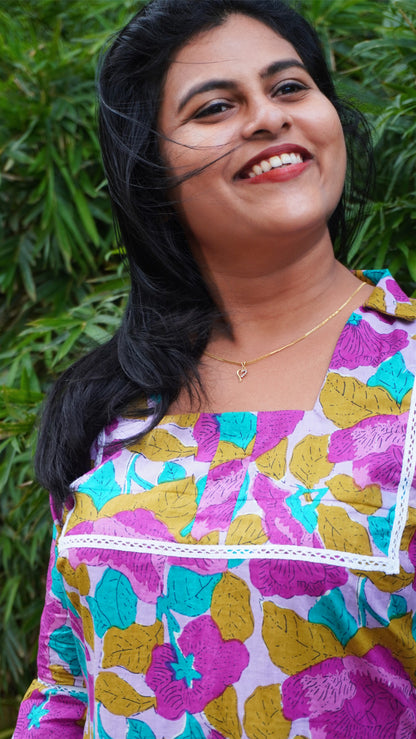 Lavender Purple Cotton Kurti with Leaf Patterns