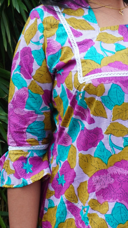 Lavender Purple Cotton Kurti with Leaf Patterns