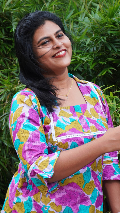Lavender Purple Cotton Kurti with Leaf Patterns