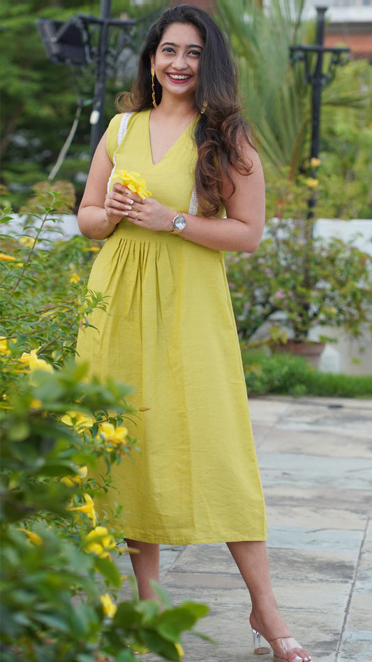 Lime Yellow Linen Cotton A-Line Dress