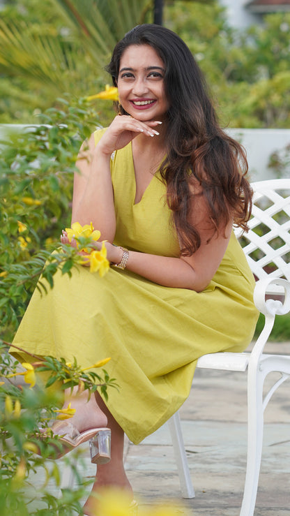 Lime Yellow Linen Cotton A-Line Dress