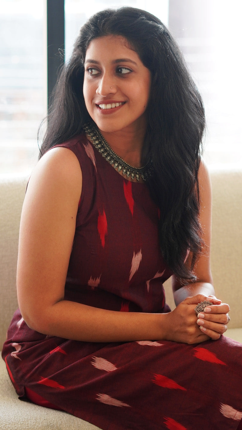 Maroon Ikat Print Sleeveless Kurti