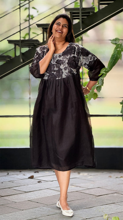 Midnight Black Floral Kota Organza Fairy Dress image
