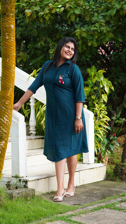 Peacock Blue Dress with Christmas Embroidery