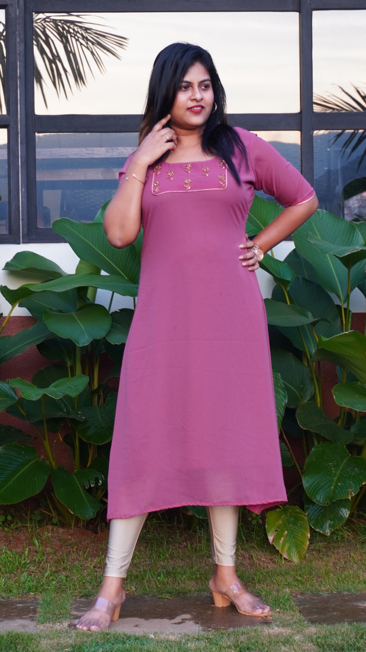 Pure georgette Magenta Kurta with Hand Embroidery