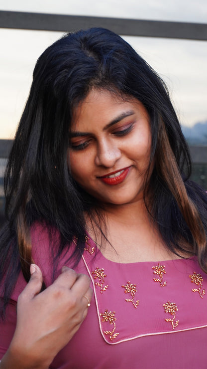 Pure georgette Magenta Kurta with Hand Embroidery