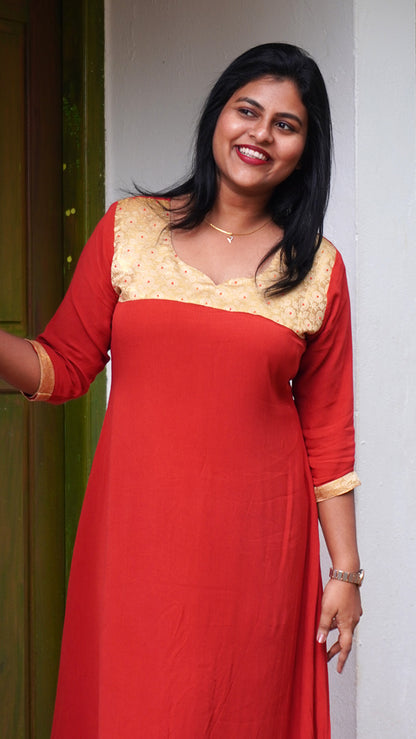 Rusty Red Hand Embroidered Kurti with Golden Yoke