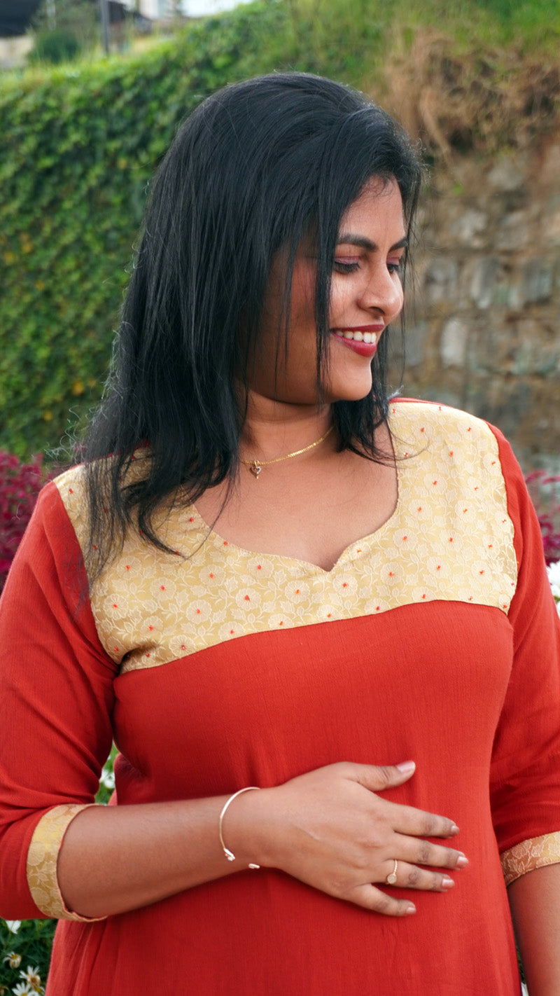 Rusty Red Hand Embroidered Kurti with Golden Yoke