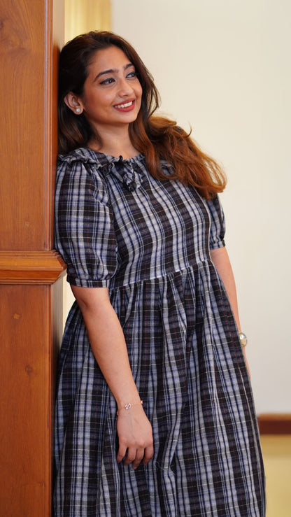 Stardust and Black Olive Checkered Cotton Frock or Dress